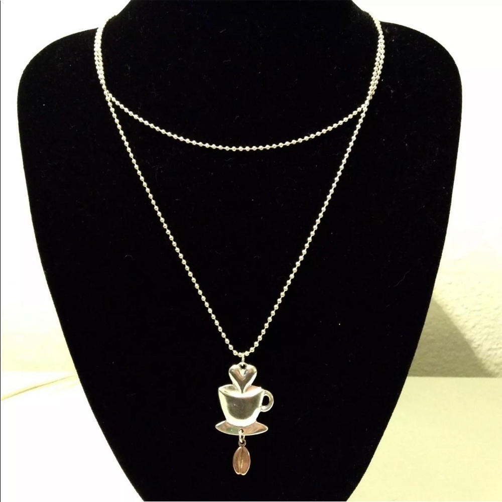 LOVE COFFEE CUP BEAN HEART STERLING SILVER PENDANT BALL CHAIN NECKLACE J… - Picture 2 of 6